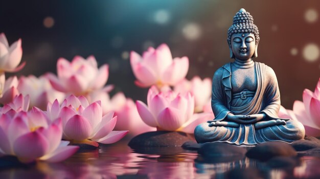 Figurina de Buda entre flores de lótus em estilo 3D Aromaterapia e Meditação Conceito gerado pela IA