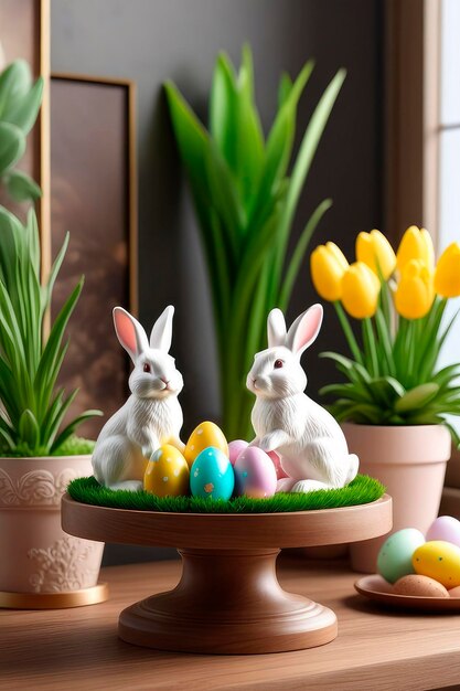 Figurina de coelho de Páscoa e ovos coloridos em console de madeira