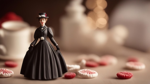 Figurina de corte de papel em estilo vitoriano no fundo de doces e comida parece Mary Poppins