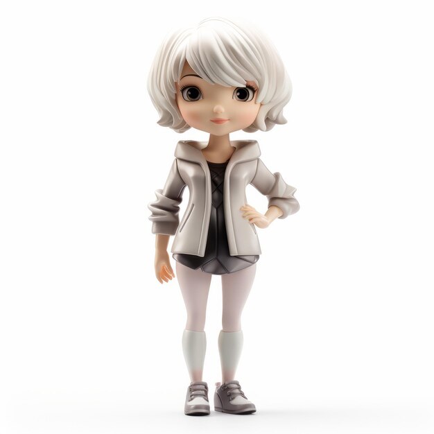 Foto figurina encantadora de boneca de pirulito em estilo anime com casaco cinza e calças apertadas