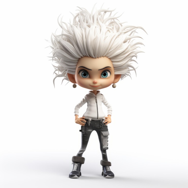 Foto figurina feminina de desenho animado com penteado em fundo branco