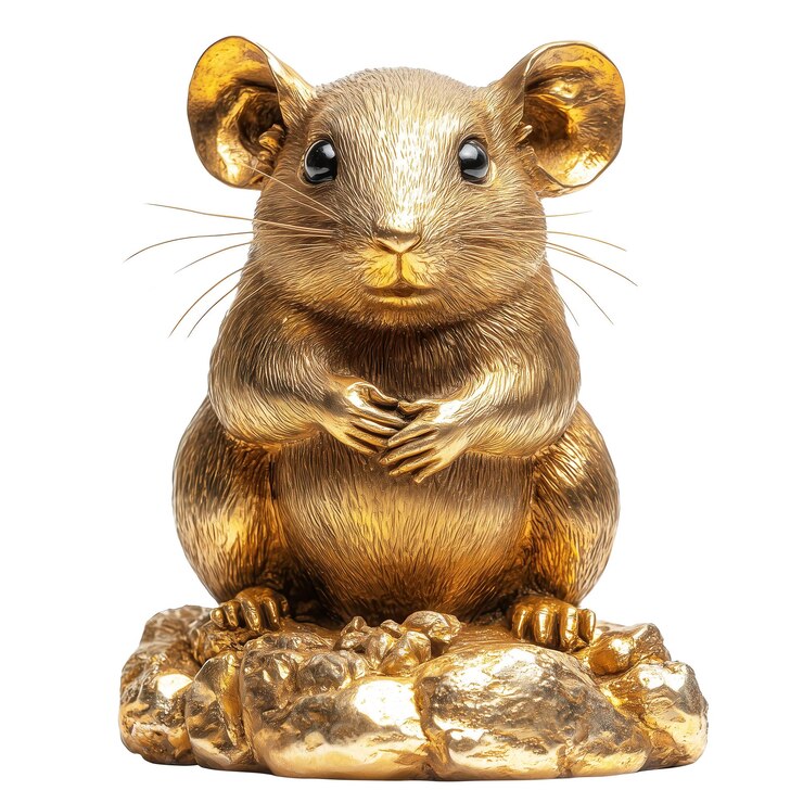 Figurina de ratón dorada en exhibición con rasgos brillantes