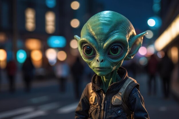Foto figurina real del bebé yoda en una calle de la ciudad