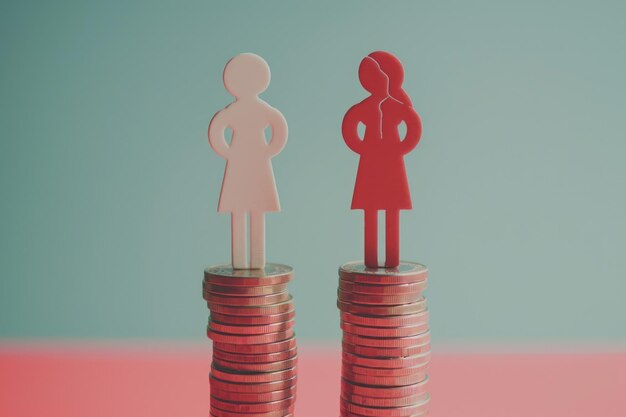 Foto figurinas masculinas e femininas em cima de colunas de moedas ilustração do conceito de diferença salarial