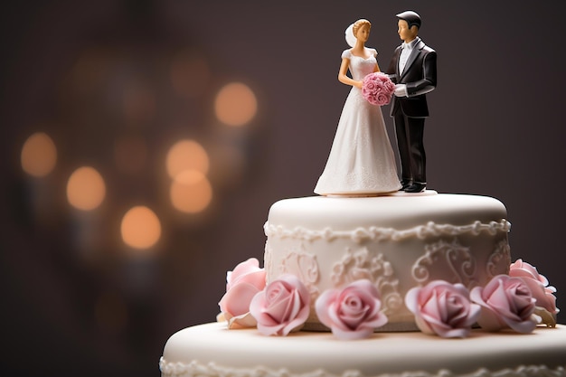 Figurinhas da noiva e do noivo em um bolo de casamento Closeup do topo do bolo de casamento Doces e decorações de casamento tradicionais