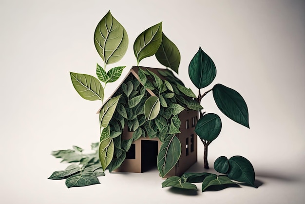 Figurita de casa hecha de hojas verdes fondo blanco ai generativo