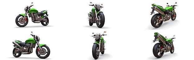 Fije la motocicleta biplaza deportiva urbana verde en una ilustración 3d de fondo blanco