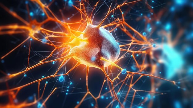 Fiktiv leuchtender Gehirnhintergrund mit neuronalem Verknüpfungsnetzwerk. Generative KI, die die neuronale Aktivität künstlicher Intelligenz darstellt