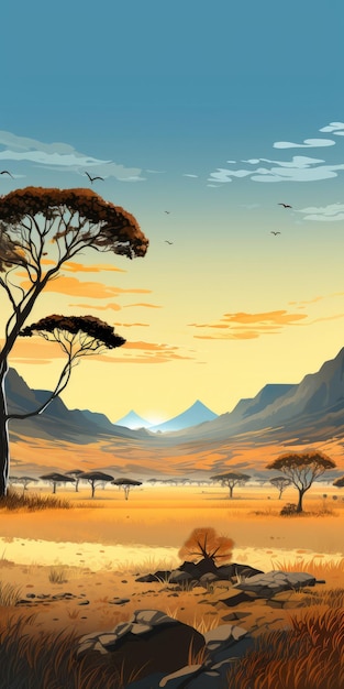 Fiktive Savannenlandschaft mit Bäumen und Bergen, 8K-Kontrastschattierung