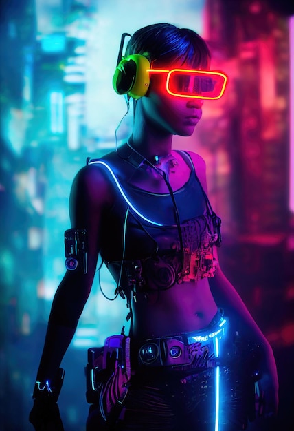 Fiktives Porträt eines Scifi-Cyberpunk-Mädchens Hightech-futuristische Frau aus der Zukunft