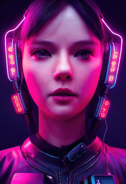 Fiktives Porträt eines Scifi-Cyberpunk-Mädchens Hightech-futuristische Frau aus der Zukunft