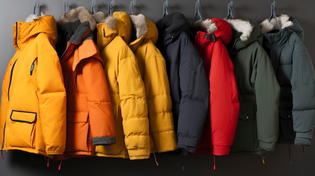 Una fila de abrigos y chaquetas de invierno de diferentes tamaños