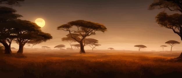 Fila de acacia africana contra el cielo crepuscular Paisaje de banner de ilustración vectorial Silueta de paquetes en la gran altura