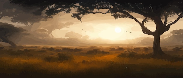 Fila de acacia africana contra el cielo crepuscular Paisaje de banner de ilustración vectorial Silueta de paquetes en la gran altura