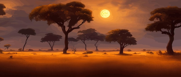 Fila de acacia africana contra el cielo crepuscular Paisaje de banner de ilustración vectorial Silueta de paquetes en la gran altura