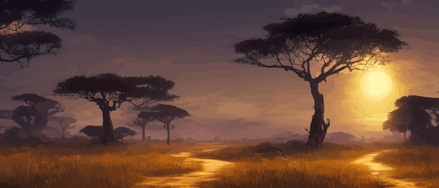 Fila de acacia africana contra el cielo crepuscular Paisaje de banner de ilustración vectorial Silueta de paquetes en la gran altura