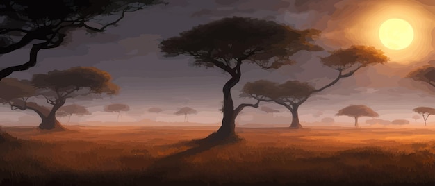 Fila de acacia africana contra el cielo crepuscular Paisaje de banner de ilustración vectorial Silueta de paquetes en la gran altura