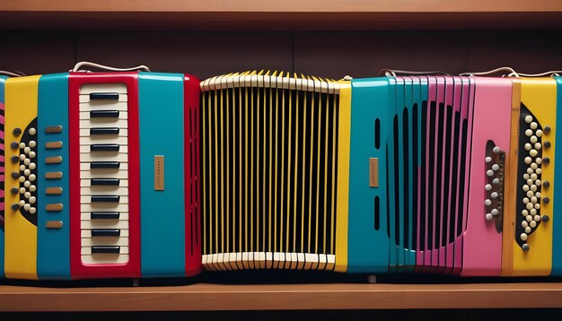 una fila de acordeones coloridos apilados cuidadosamente en un estante en una tienda de música animada