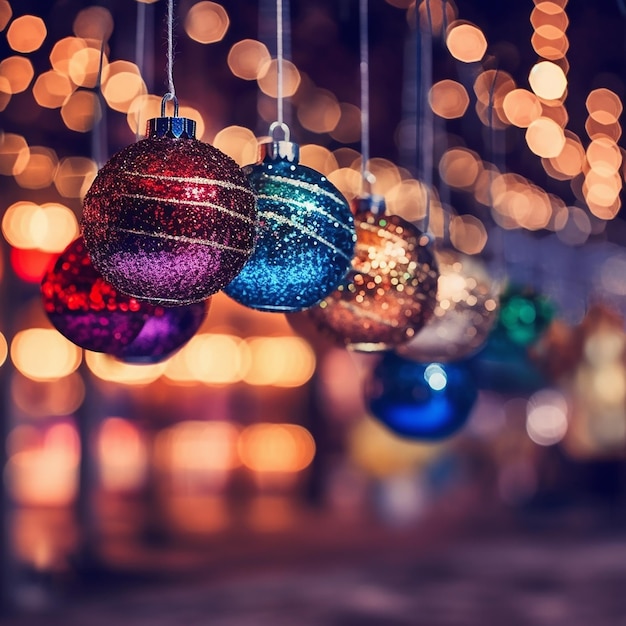 Una fila de adornos navideños con luces de fondo