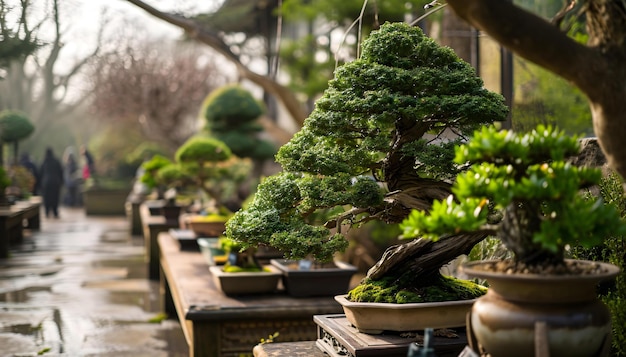 una fila de árboles de bonsai sentados en la parte superior de una mesa de madera