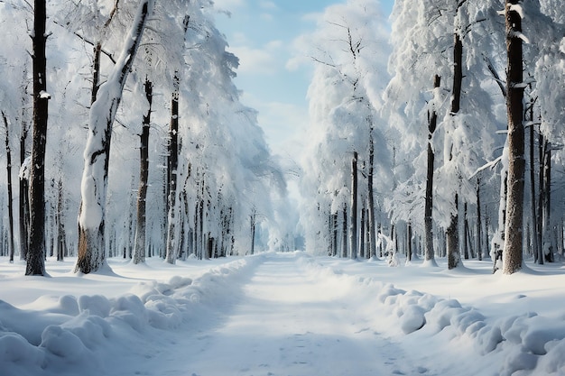 Una fila de árboles en el bosque de invierno con nieve cayendo Paisaje de inverno con nieve cubierta fila de árboles