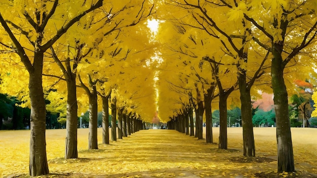 Una fila de árboles de ginkgo amarillos en el parque de otoño de otoño en Tokio, Japón