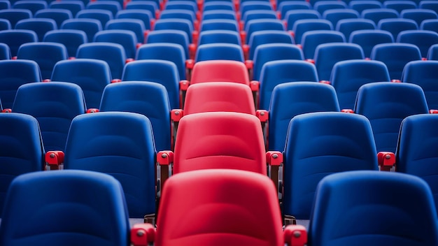 Foto una fila de asientos rojos y azules en un estadio con uno que dice vacío