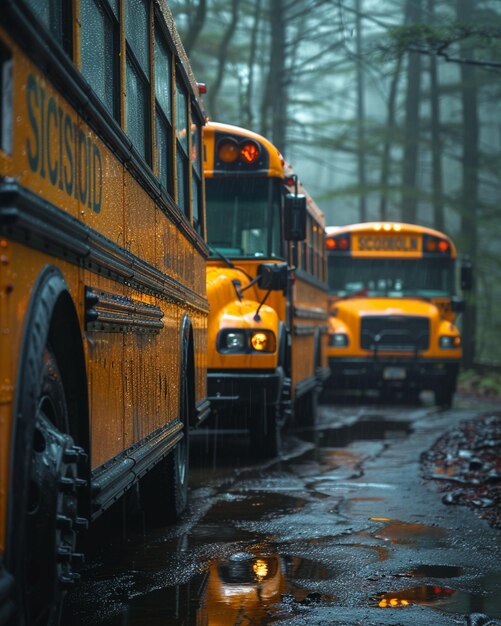 Una fila de autobuses escolares estacionados afuera