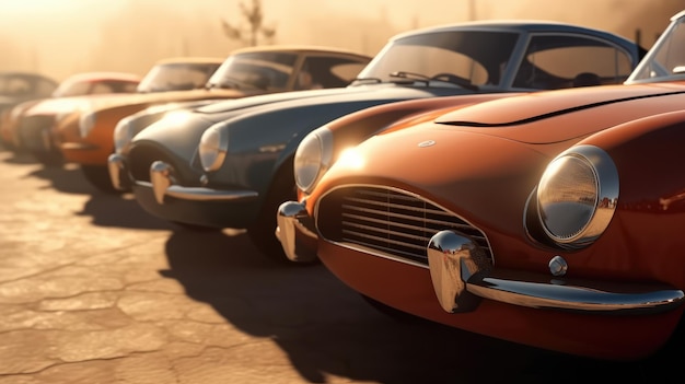 Una fila de autos clásicos se alinea en una escena de puesta de sol.