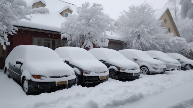 Una fila de autos cubiertos de nieve con la matrícula número 1.