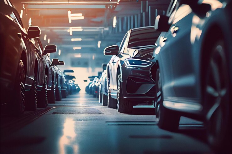 Fila de autos en el estacionamiento por la noche poca profundidad de ai fieldgenerative