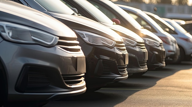 Una fila de autos en un estacionamiento con la palabra volkswagen en el frente.