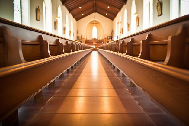 Fila de bancos de iglesia en perspectiva Un lugar de reflexión