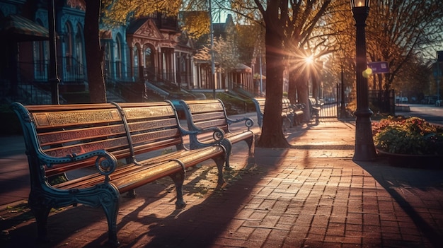 Una fila de bancos con la puesta de sol detrás de ellos