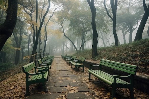 Una fila de bancos verdes