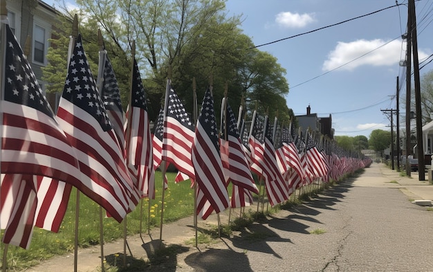 Una fila de banderas americanas se alinea a lo largo de una calle