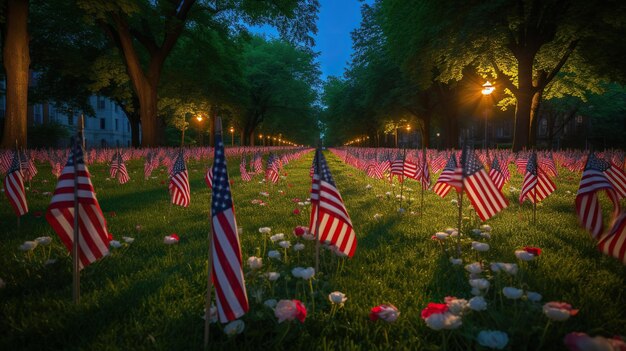Fila de banderas americanas en el día de los caídos en la noche