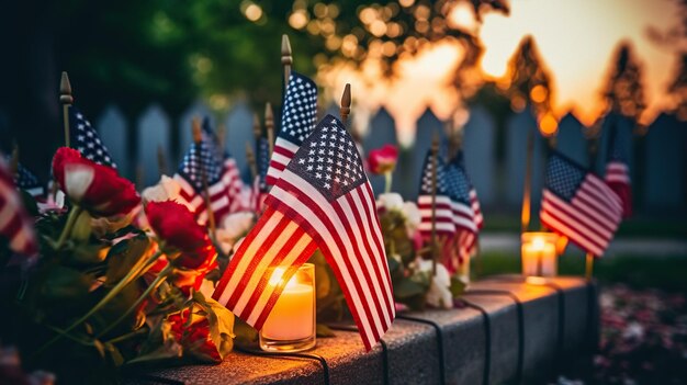 Fila de banderas americanas en el día de los caídos en la noche