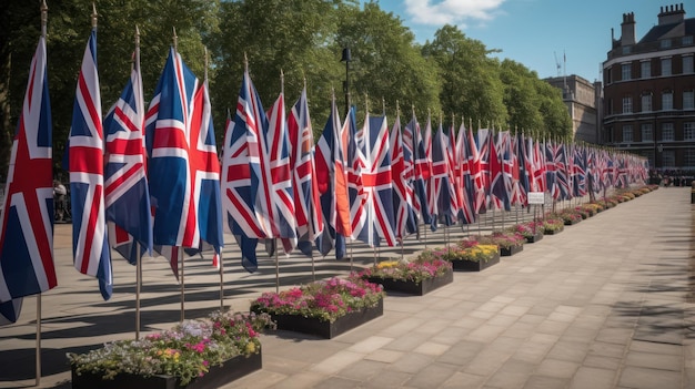 Una fila de banderas con la bandera del reino unido