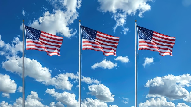 Una fila de banderas estadounidenses ondeando contra un cielo azul con nubes