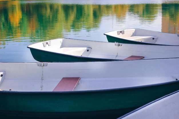 Una fila de barcos está sentada en el agua.