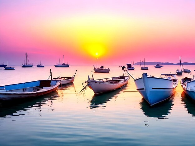 Una fila de barcos en el mar al amanecer