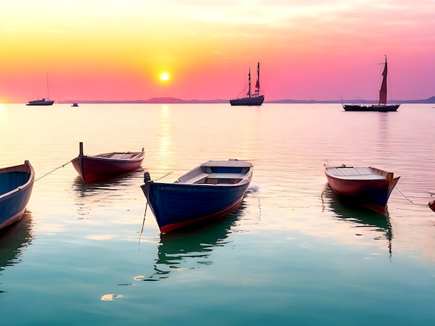 Una fila de barcos en el mar al amanecer