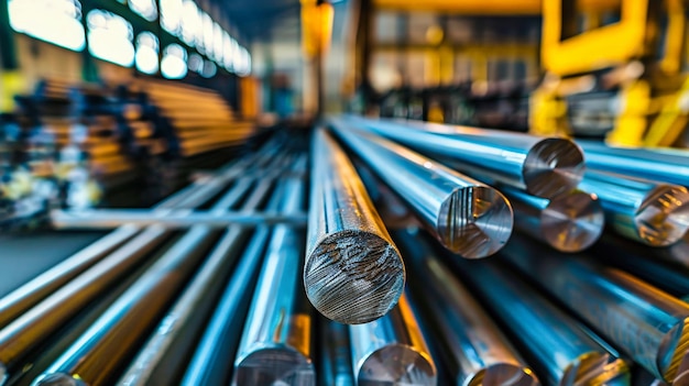 Una fila de barras de acero en la fábrica