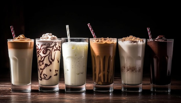 Una fila de batidos con pajita y una taza de café sobre la mesa.