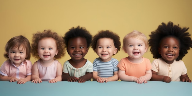 Fila de bebés multiétnicos sonriendo en estudio