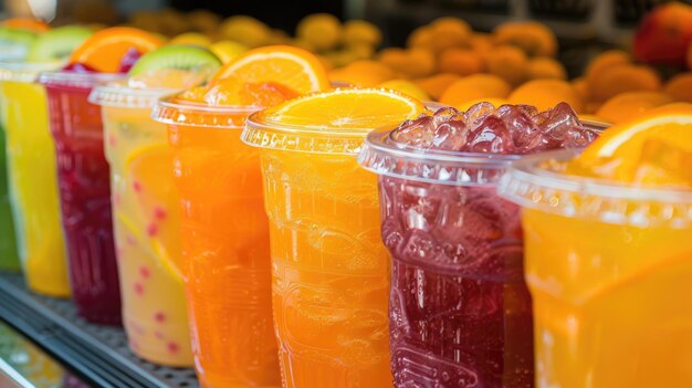 Una fila de bebidas coloridas en vasos de plástico que incluyen naranja, púrpura y verde