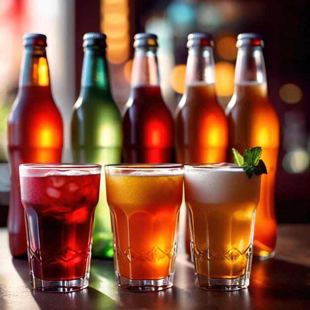 Foto una fila de bebidas frías de colores variados refrescos de la fiesta de verano en el bar