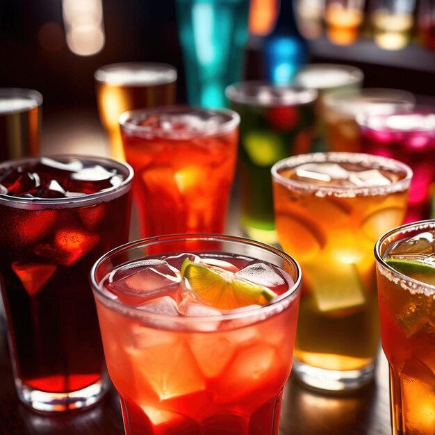 Foto una fila de bebidas frías de colores variados refrescos de la fiesta de verano en el bar