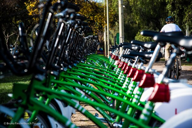 Foto una fila de bicicletas estacionadas a la orilla de la carretera